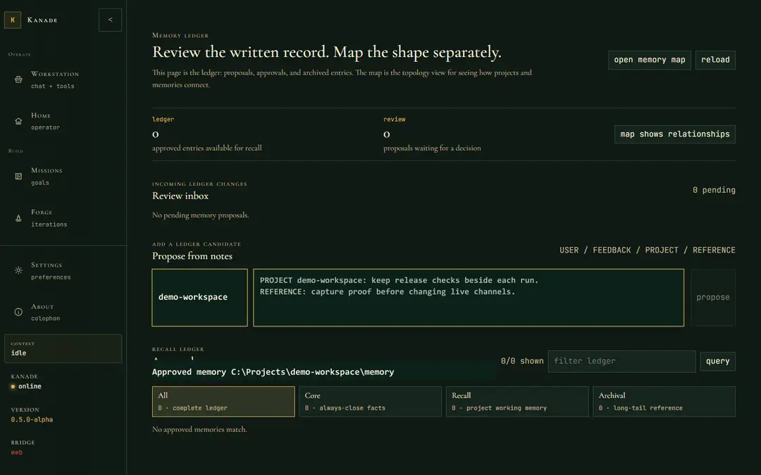 Kanade v0.5.0 memory ledger with example project notes, memory tiers, and recall controls.